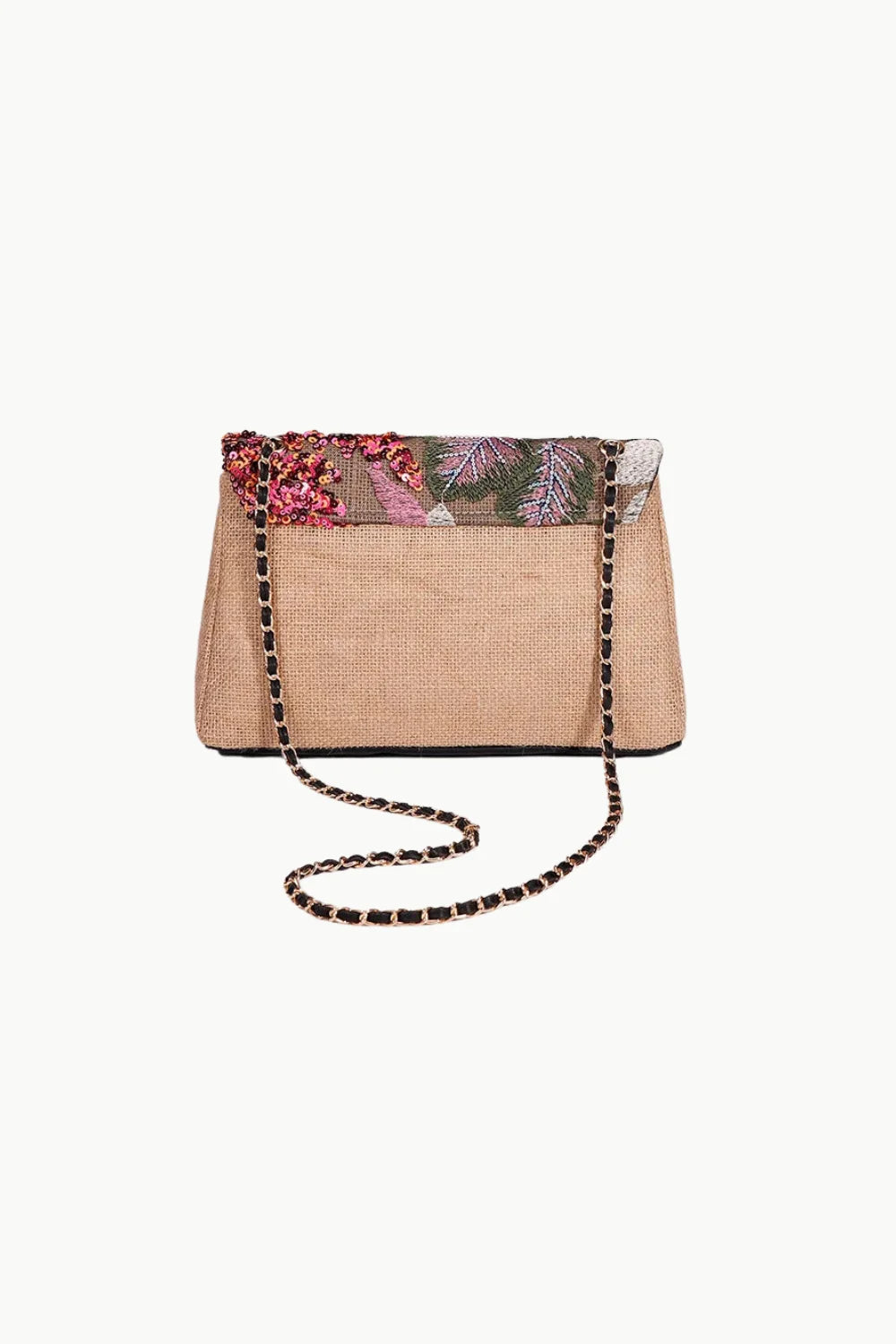 Floral Beaded Bag: Rectangular Jute Clutch with Embroidered Floral Flap and Black Chain