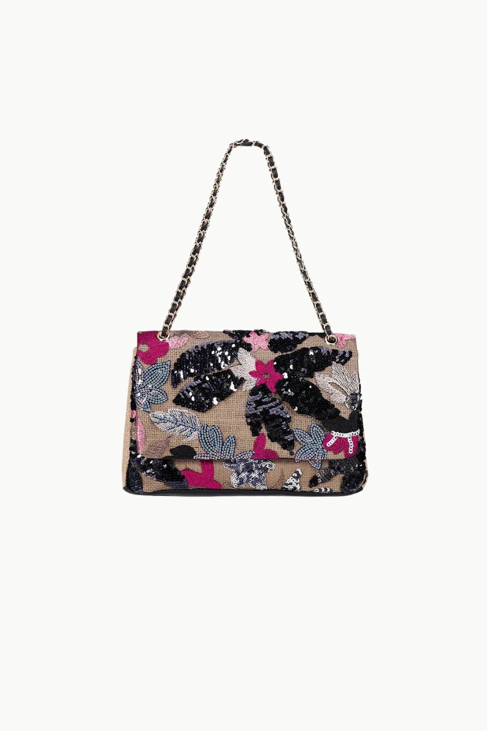 Floral Beaded Bag with sequined floral design and chain strap for stylish accessories