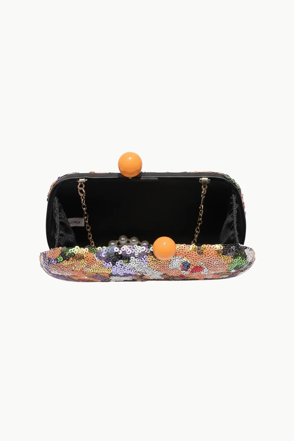 Open floral beaded clutch bag with sequins, orange spherical clasp, and chain strap