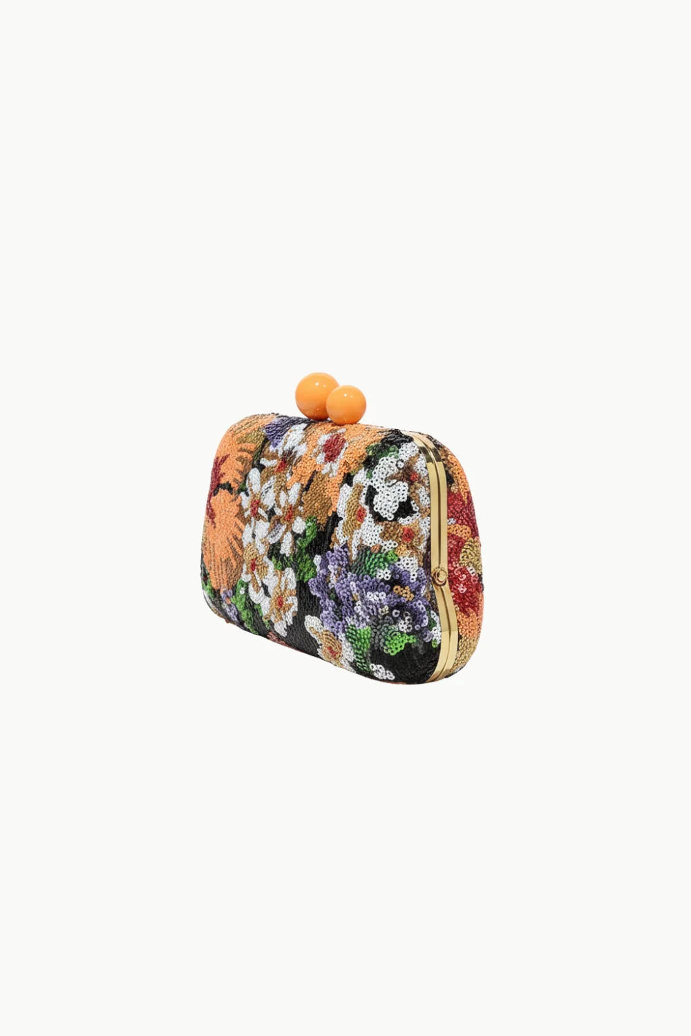 Vibrant floral beaded clutch bag with spherical orange clasps and hard-shell design