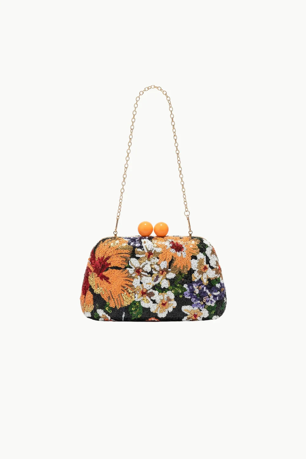 Floral Beaded Clutch with sequins, orange clasp, and gold chain strap for elegant events