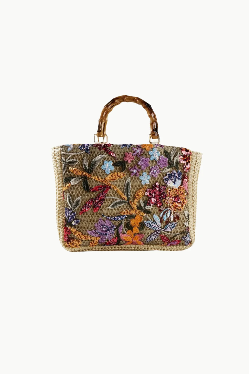 Floral Beaded Hobo Bag with straw tote, bamboo handles, and colorful embroidery