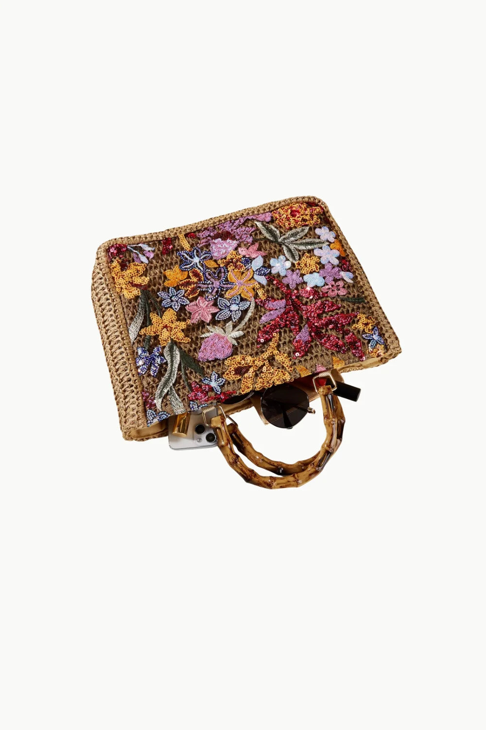 Vibrant floral embroidered straw tote bag with bamboo handles, floral beaded hobo bag