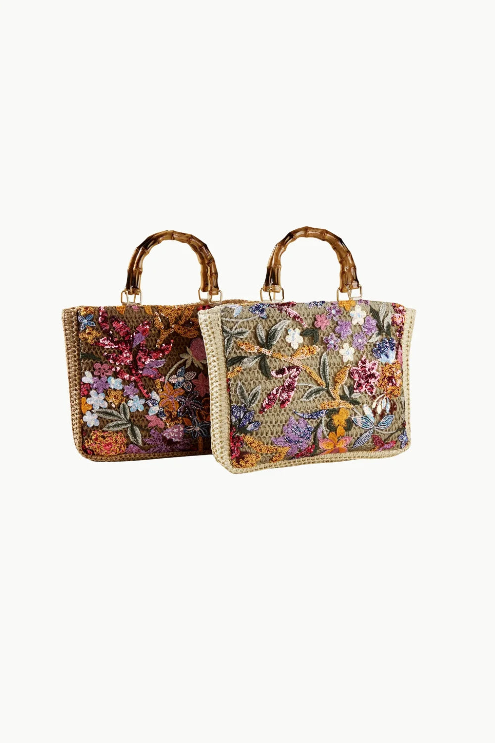 Floral Beaded Hobo Bag with embroidered straw design and bamboo handles