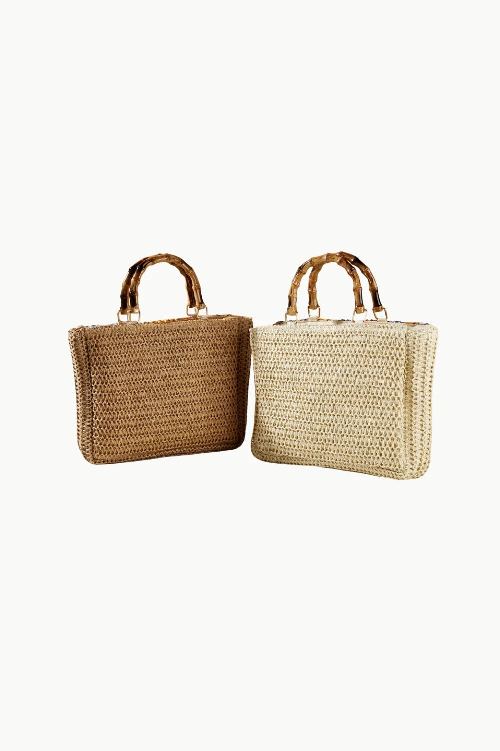 Two woven straw tote bags with bamboo handles, perfect for floral beaded hobo style