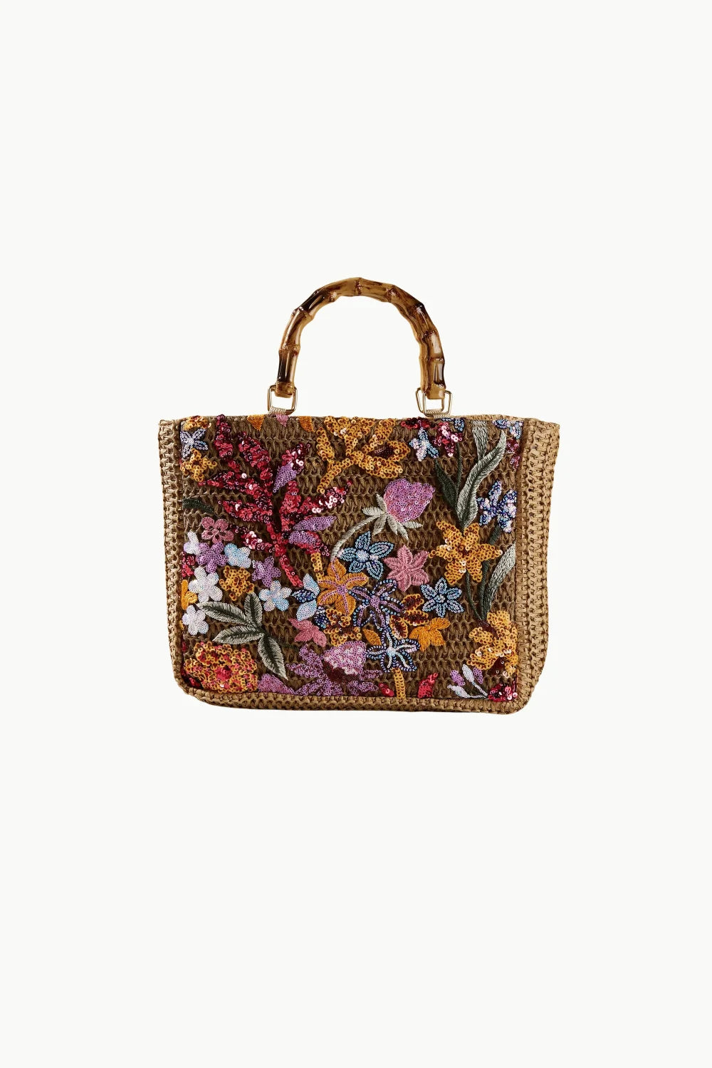 Woven straw floral beaded hobo bag with bamboo handles and colorful embroidery