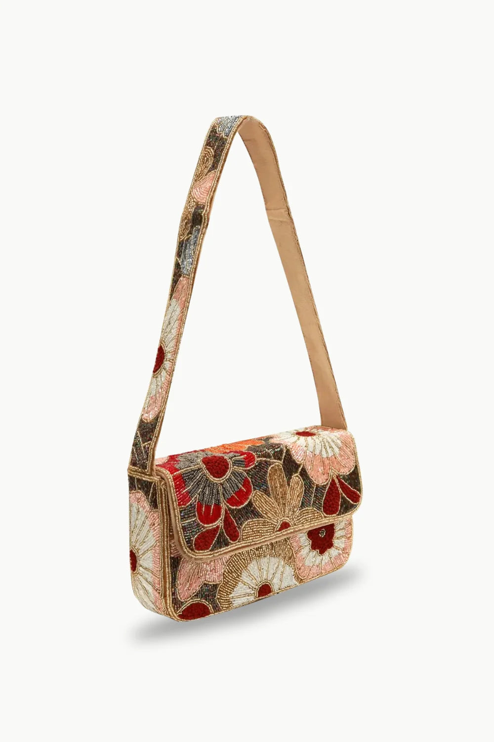 Embroidered floral beaded purse clutch bag with shoulder strap and floral motifs