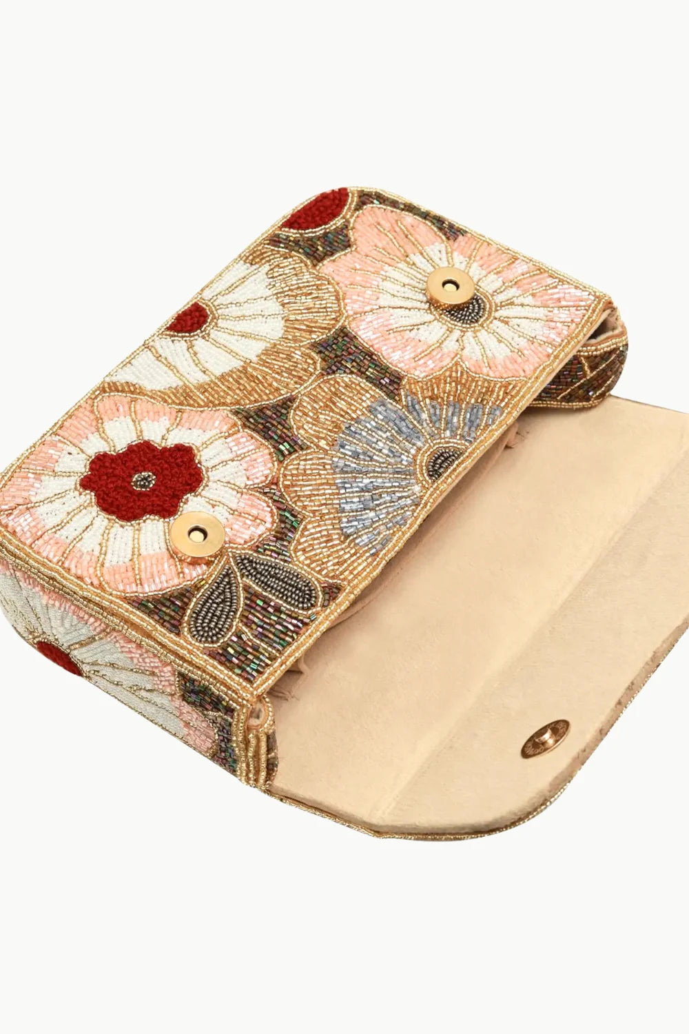 Open floral beaded purse with beadwork and magnetic snap closures for elegant style