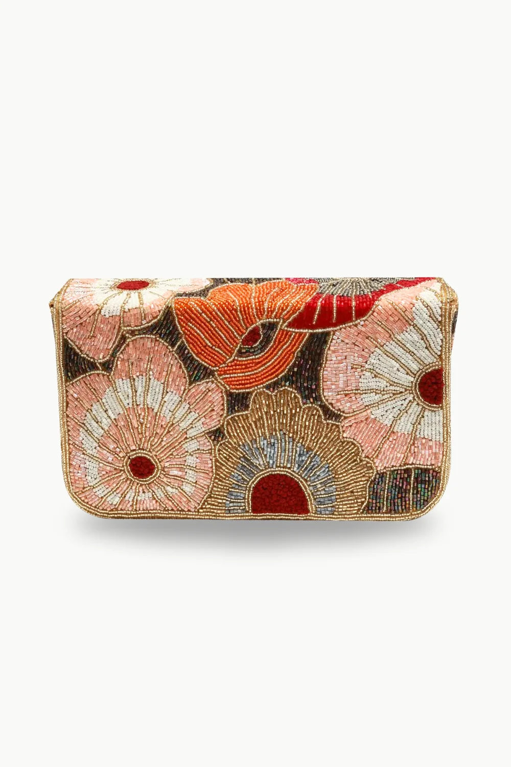 Beaded purse with floral pattern in pink, orange, gold, and red for elegant style