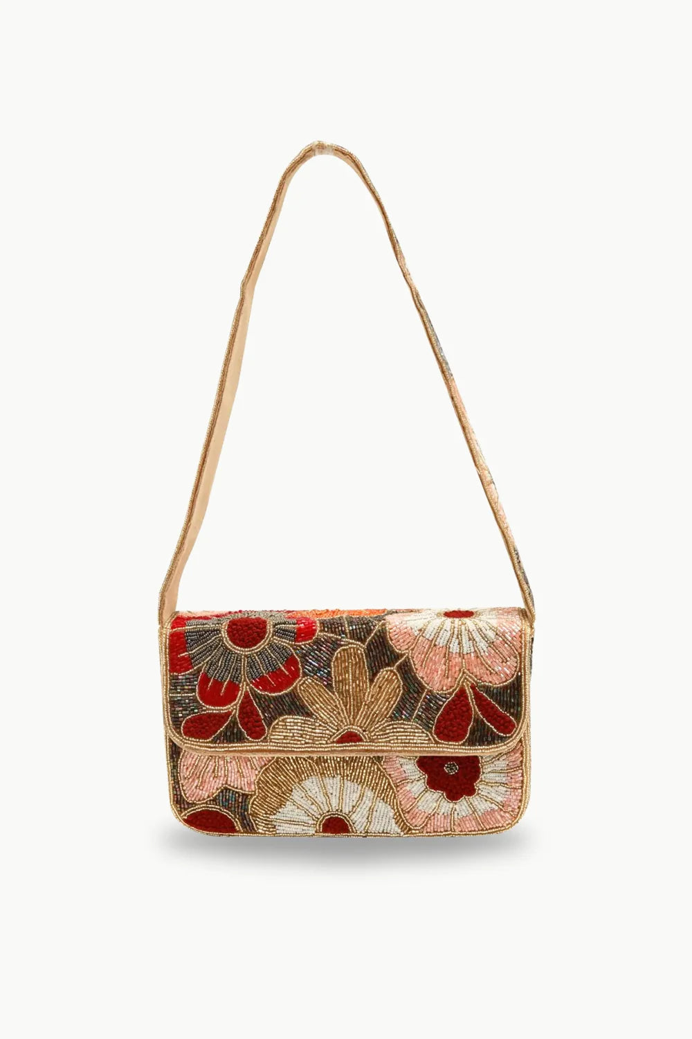Floral Beaded Purse with red, gold, and white floral beaded pattern shoulder bag
