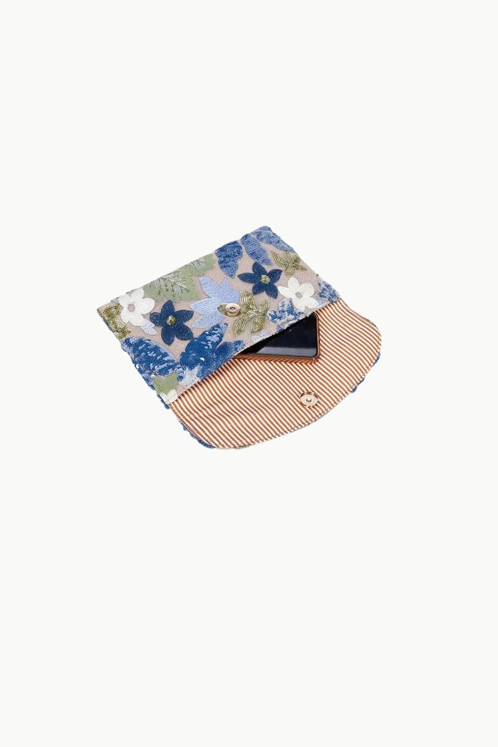Chic floral clutch handbag with floral pattern, striped lining, and gold clasp