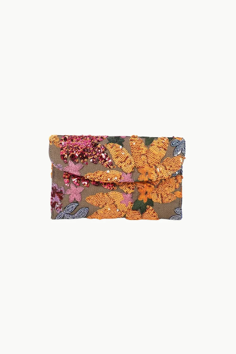 Sequin floral clutch bag with fold-over flap, stylish chic floral clutch handbag