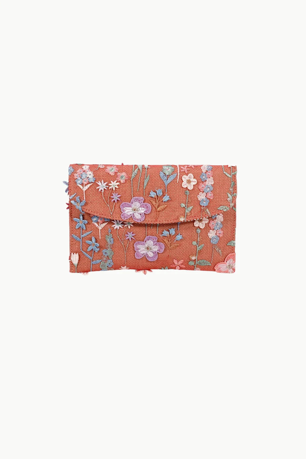 Terracotta-colored floral clutch handbag with vibrant floral embroidery, chic floral clutch