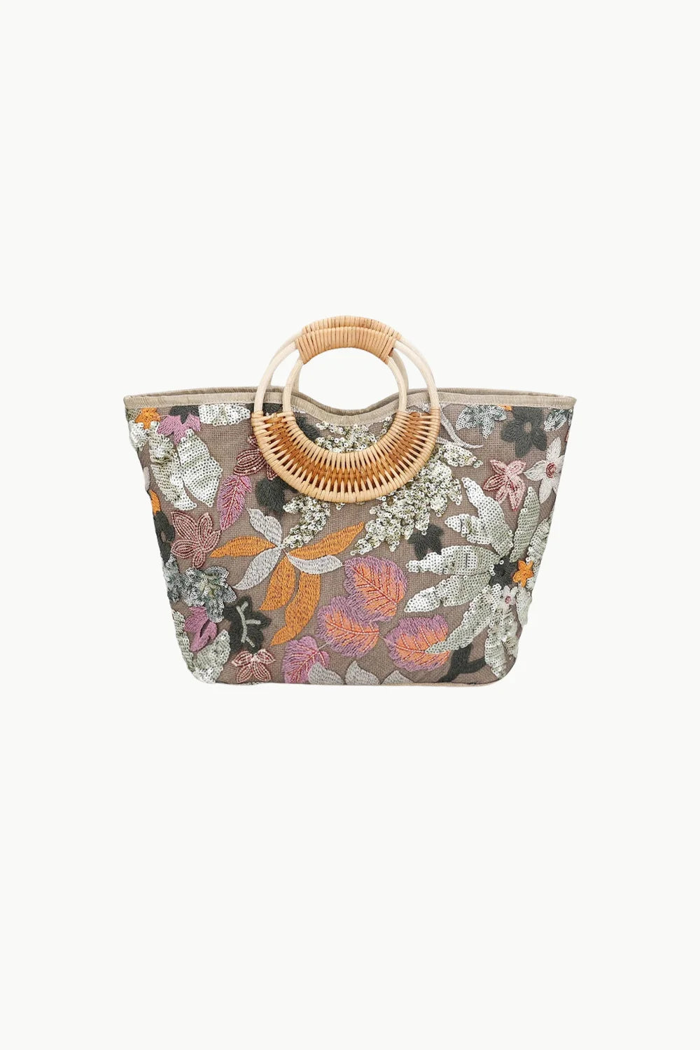 Beige-grey mesh flower beach bag with colorful embroidery and bamboo handles