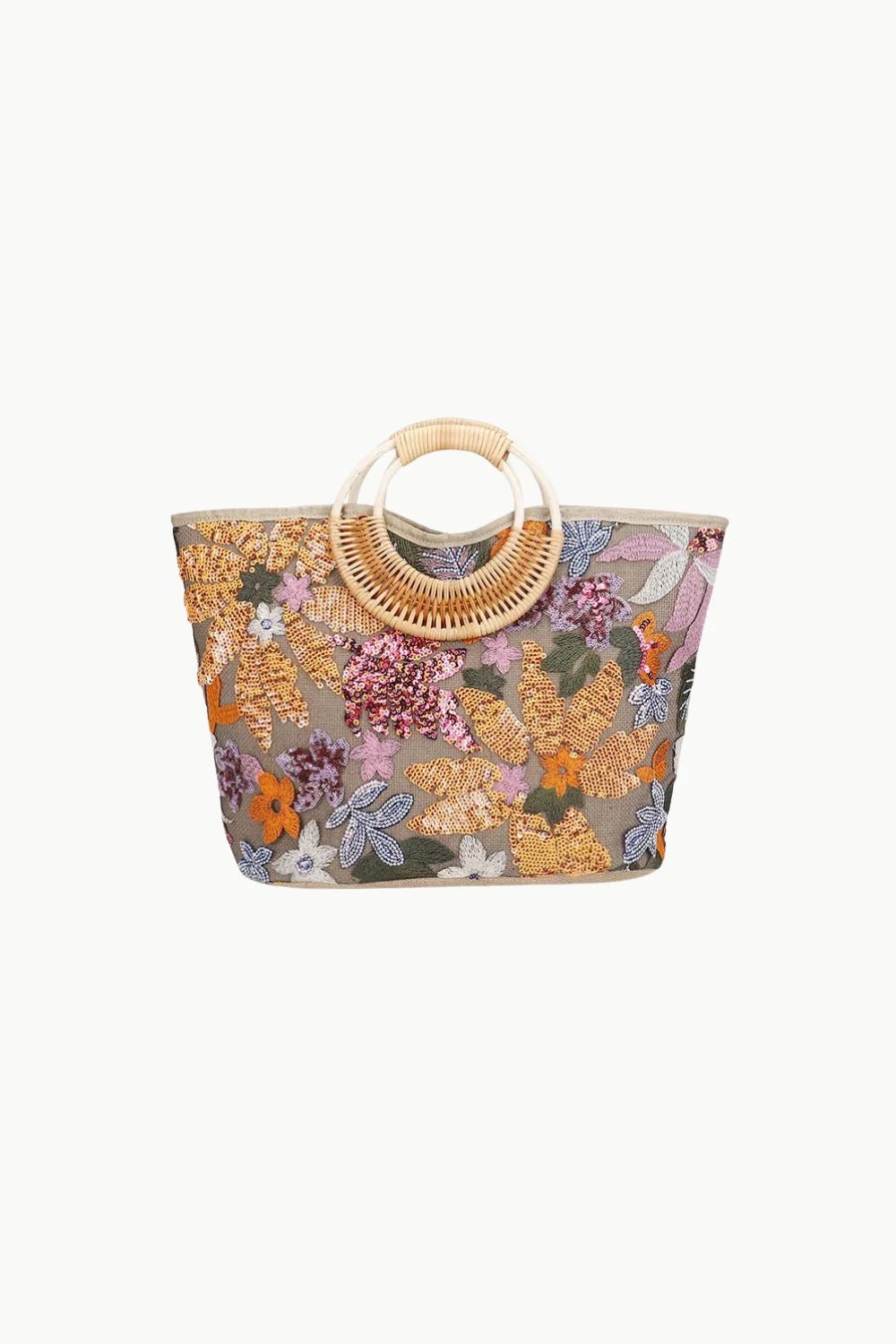 Embroidered floral tote bag with bamboo ring handles, perfect as a flower beach bag or beach bag