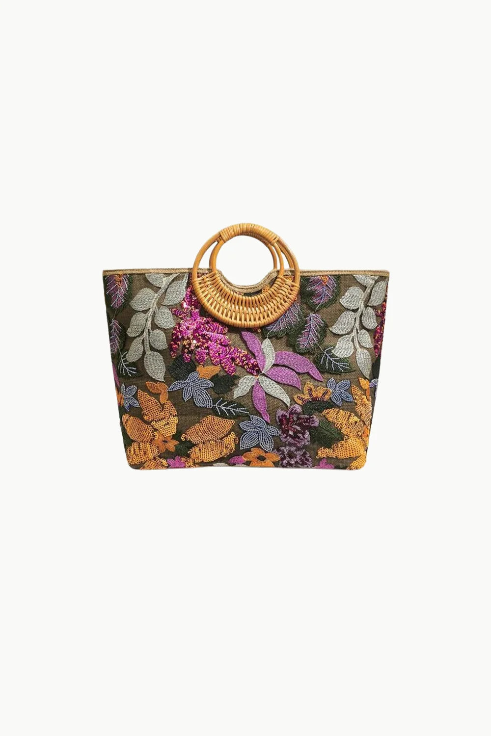 Embroidered flower Beach Bag with round bamboo handles, perfect for beach days