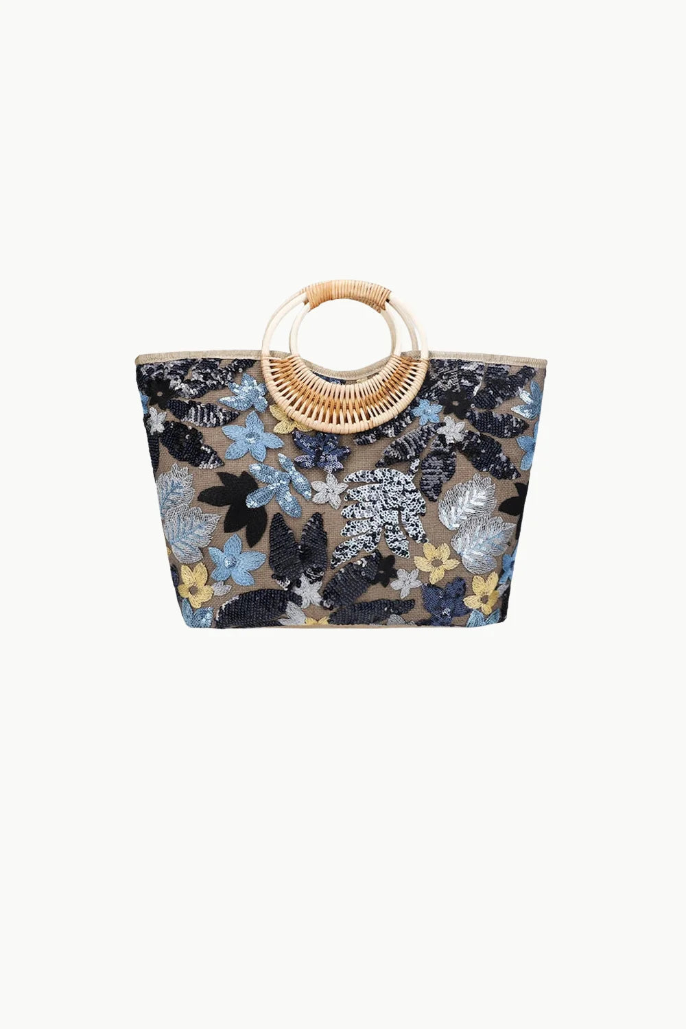 Floral embroidered tote bag with round bamboo handles, perfect for your Flower Beach Bag collection