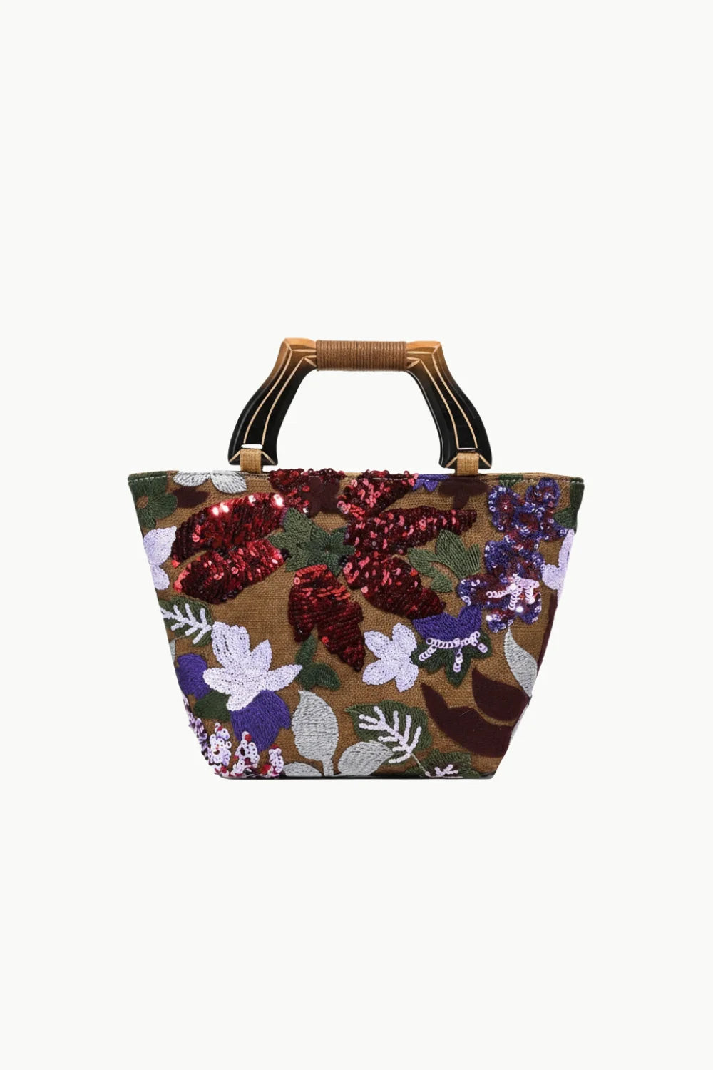 Brown sequined floral tote bag with wooden and black handles, perfect as a flower hand bag