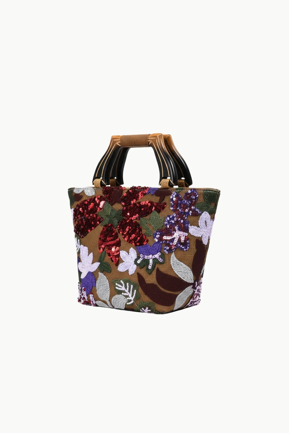 Embellished flower hand bag with wooden handles, stylish flower hand bag accessory