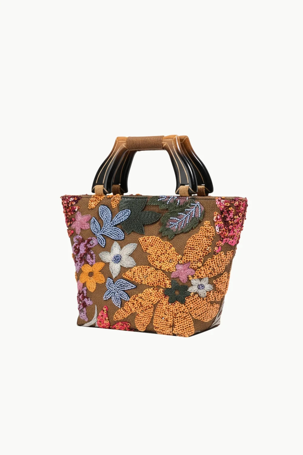 Embroidered and beaded floral tote bag with bamboo-style handles, perfect flower hand bag