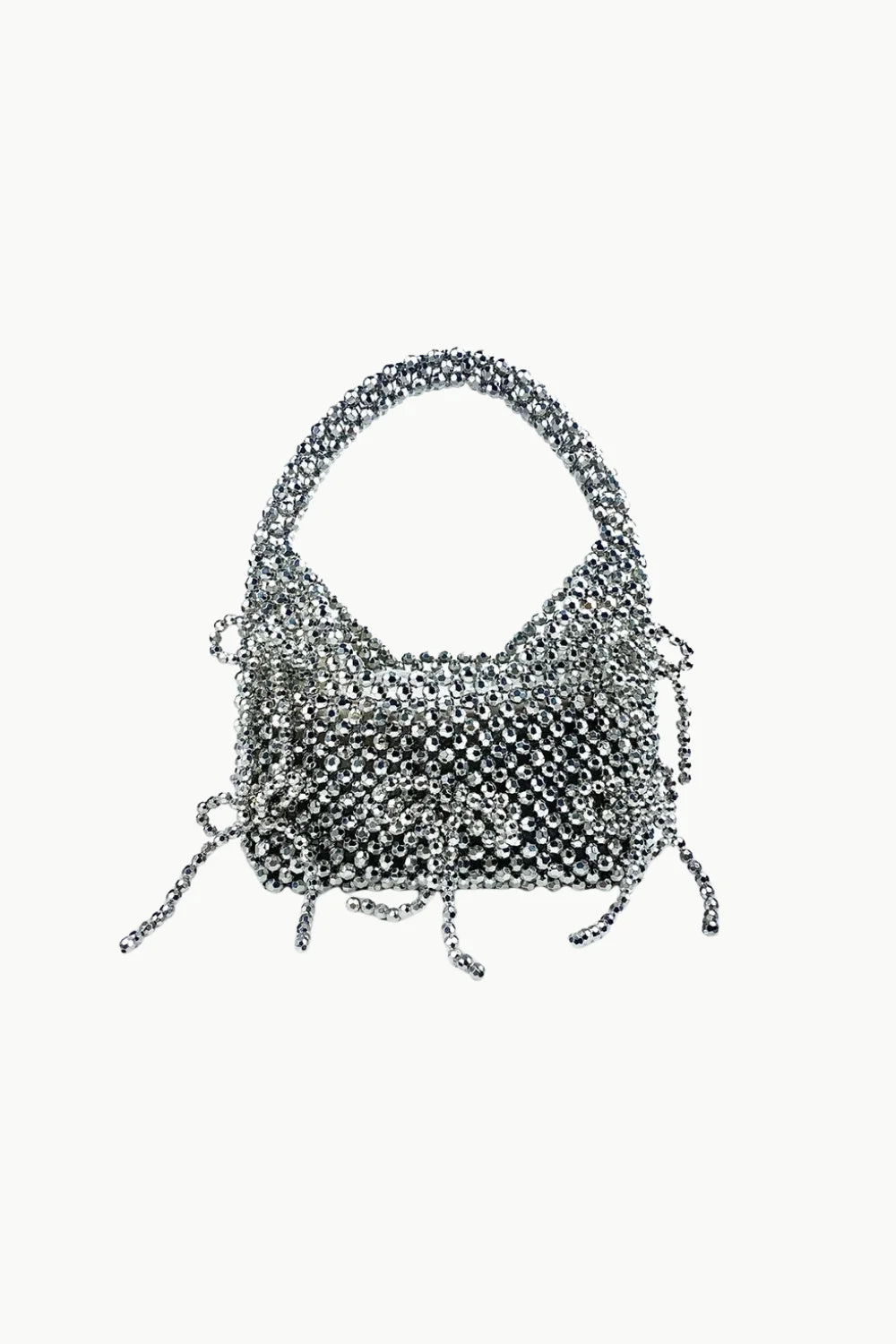 Silver fringe crystal beaded bag with fringe details, perfect for stylish events
