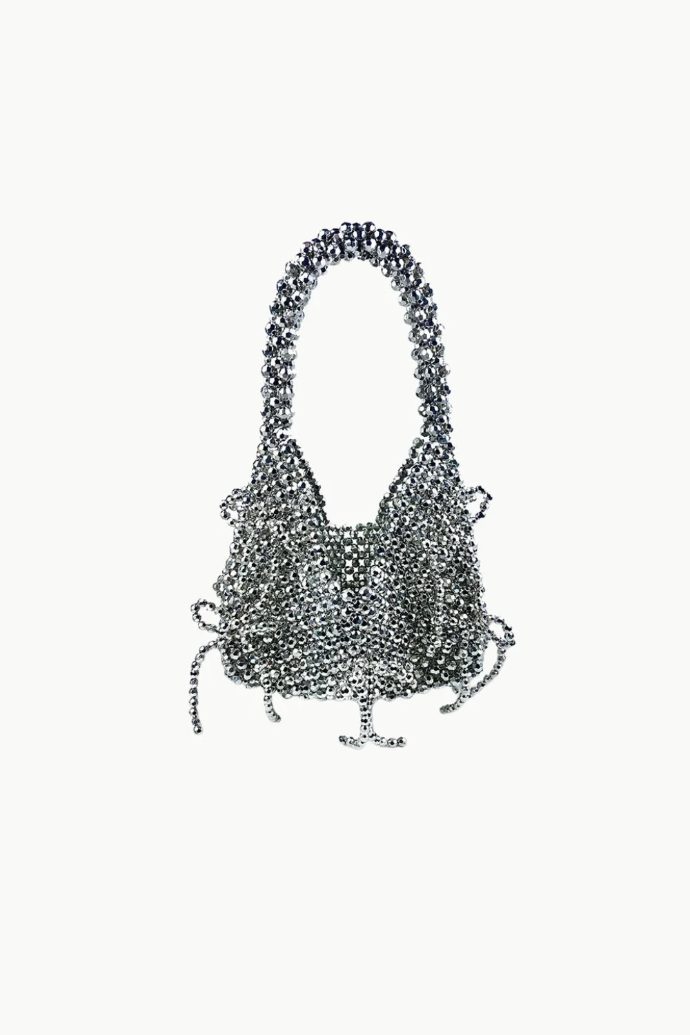 Sparkling silver fringe crystal beaded bag with top handle and decorative ties