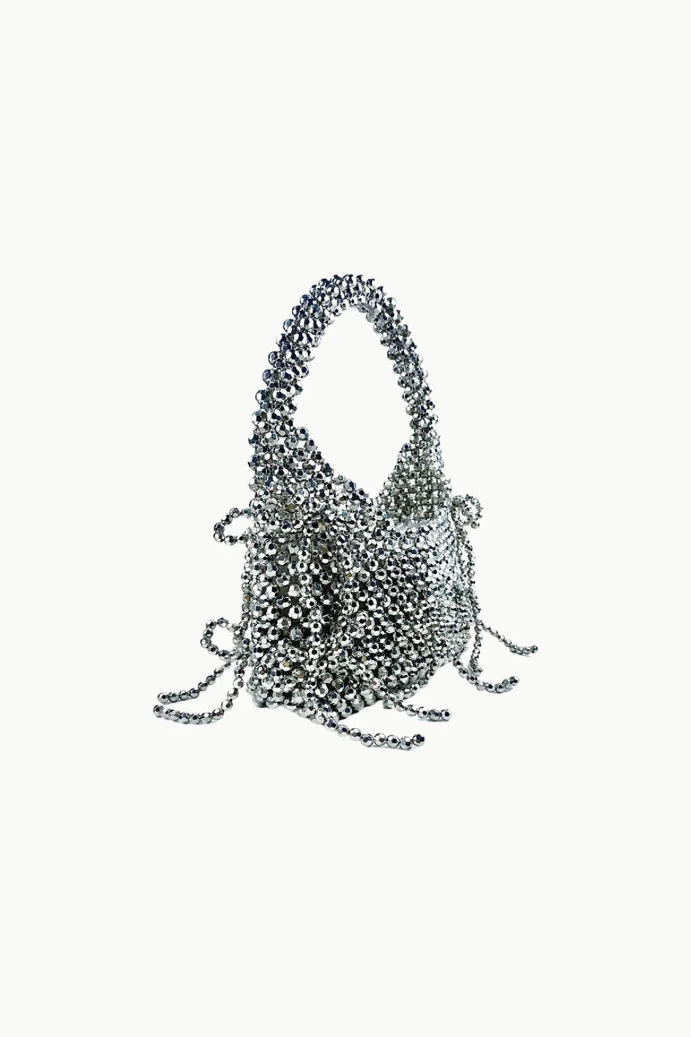 Silver fringe crystal beaded bag with top handle and tassel details for stylish elegance