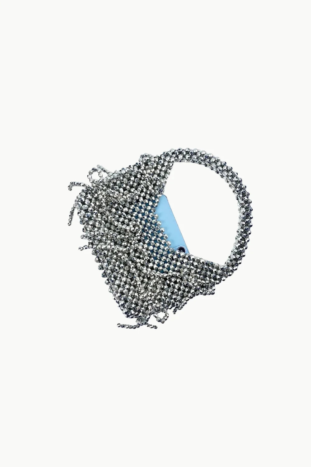 Silver fringe crystal beaded bag with fringe details and light blue lining