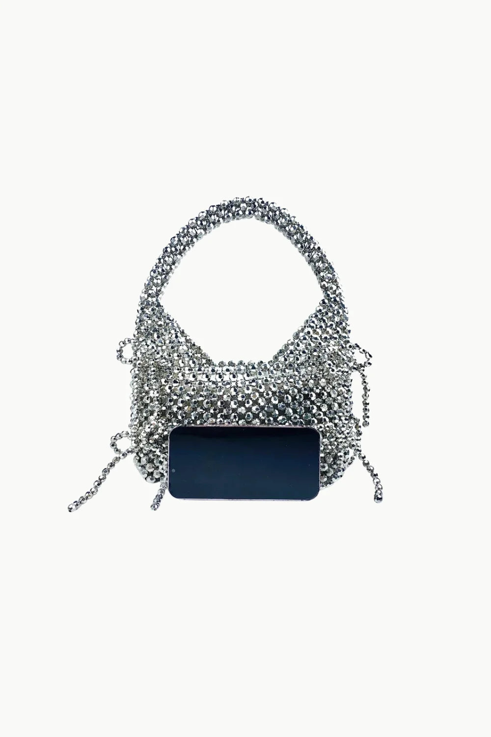 Shimmering silver fringe crystal beaded evening bag with short handle for elegant events
