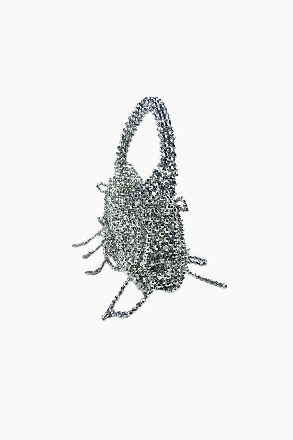 Silver-toned fringe crystal beaded bag with structured top handle for elegant style