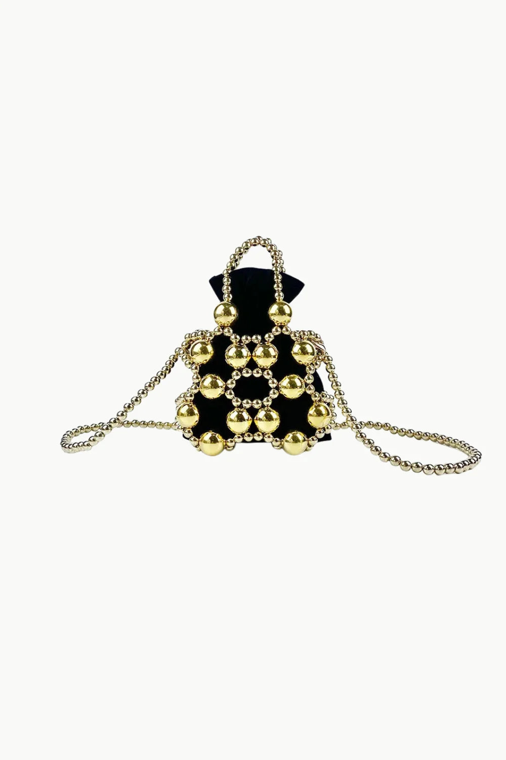 Black bucket bag with gold beaded overlay and strap, stylish gold beaded bucket bag