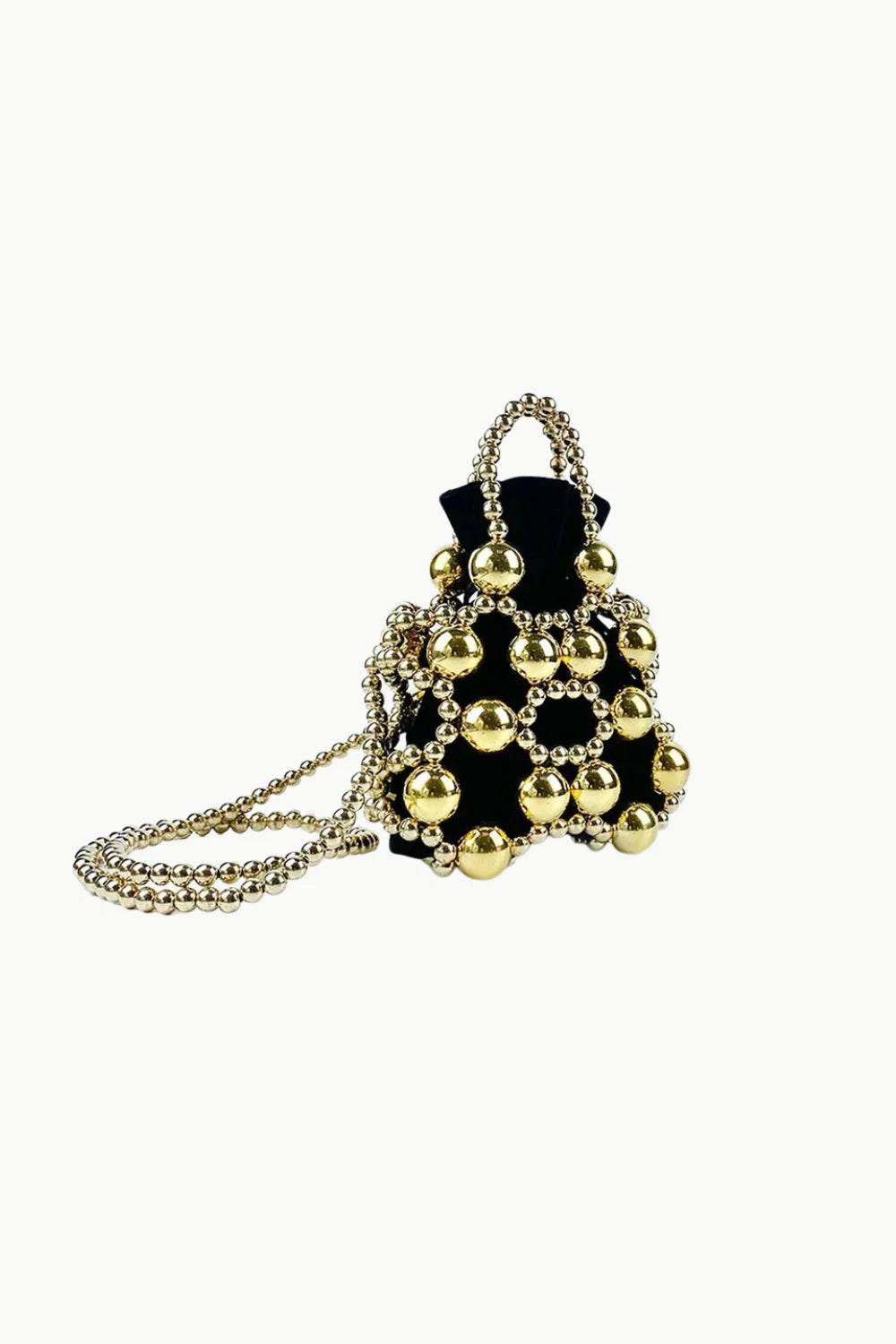 Black pouch-style Gold Beaded Bucket Bag with metallic gold beaded net overlay and shoulder strap