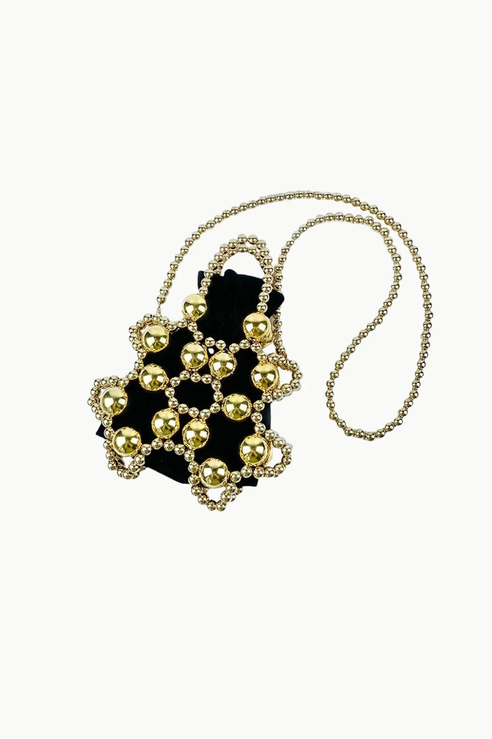 Gold beaded bucket bag with a central black pouch and intricate beaded design