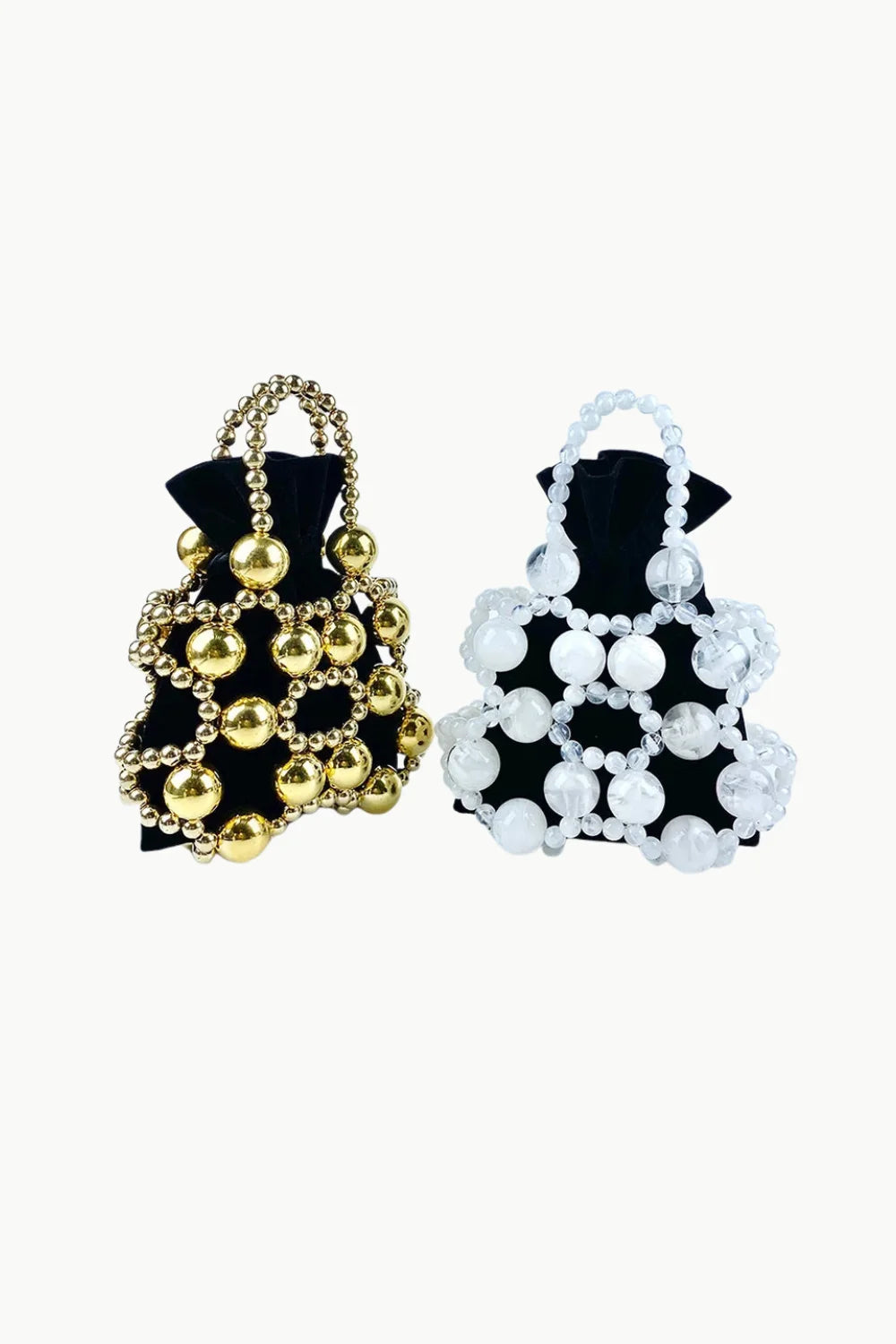 Gold beaded bucket bag with matching clear and white beaded handbag and black fabric lining