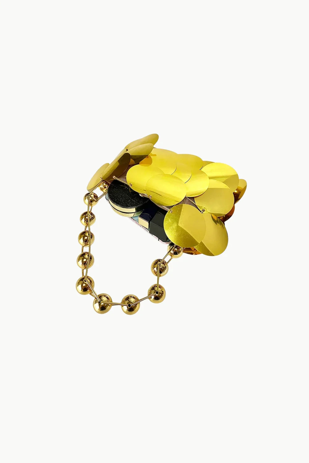 Yellow sequined gold beaded clutch purse with a gold beaded handle for elegant style