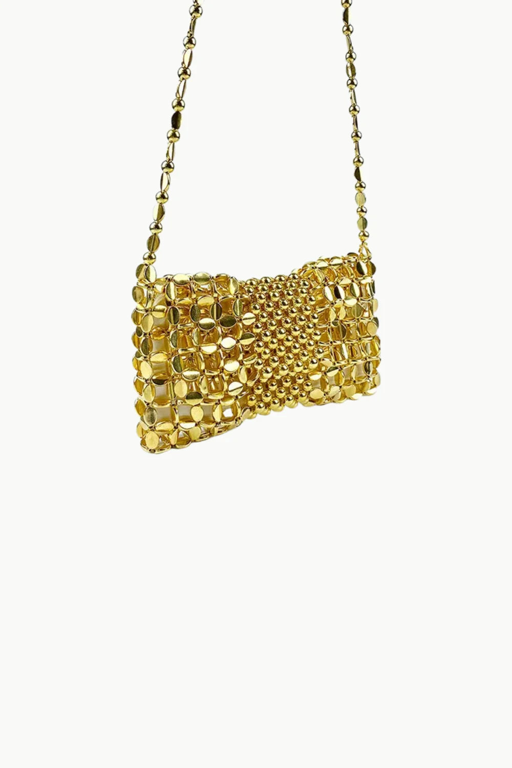 Gold beaded crossbody bag with delicate chain strap for elegant evening wear