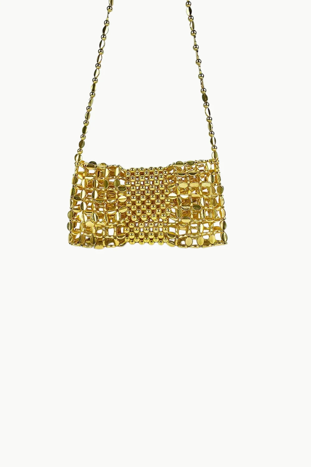 Gold beaded crossbody bag with shoulder strap, stylish gold beaded design