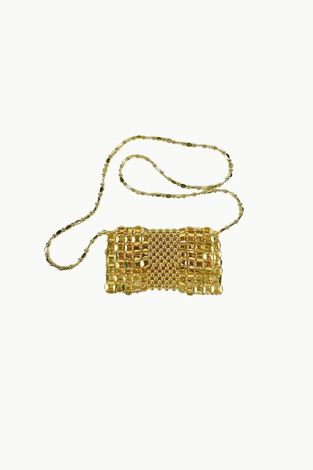Gold beaded crossbody bag with rectangular shape and long strap for stylish look