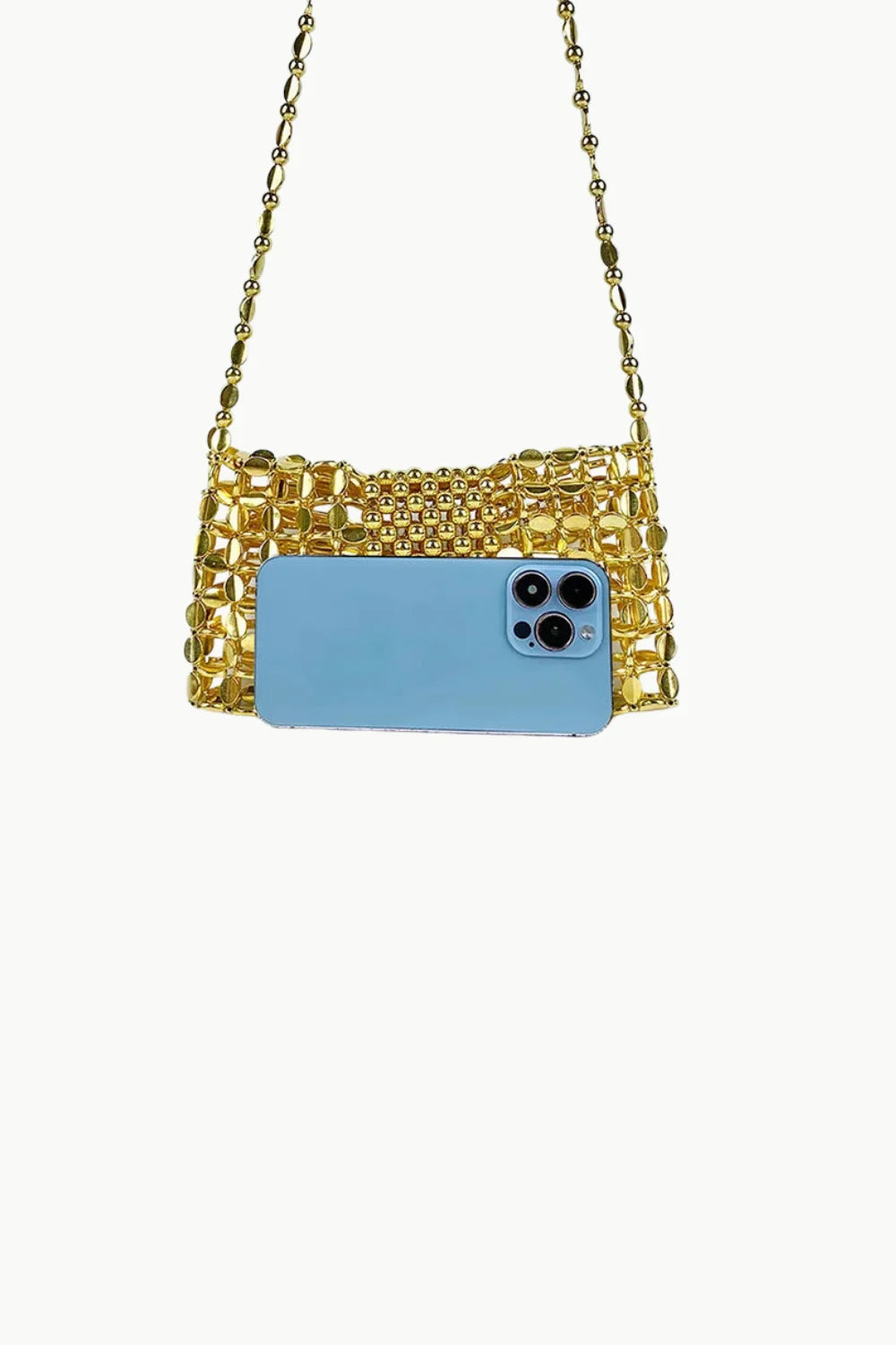 Gold beaded crossbody bag with a long chain strap for stylish accessories