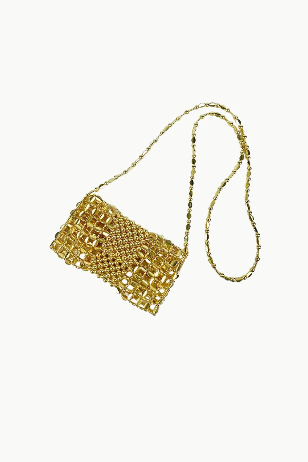 Shimmering gold beaded crossbody bag with long chain strap for stylish wear