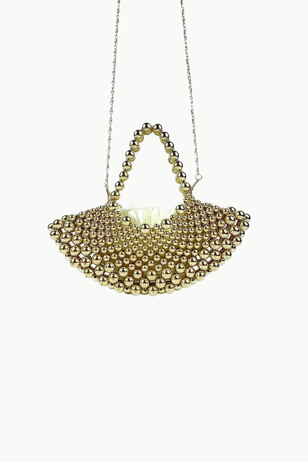 Gold beaded evening bag with fan shape and chain strap for elegant occasions