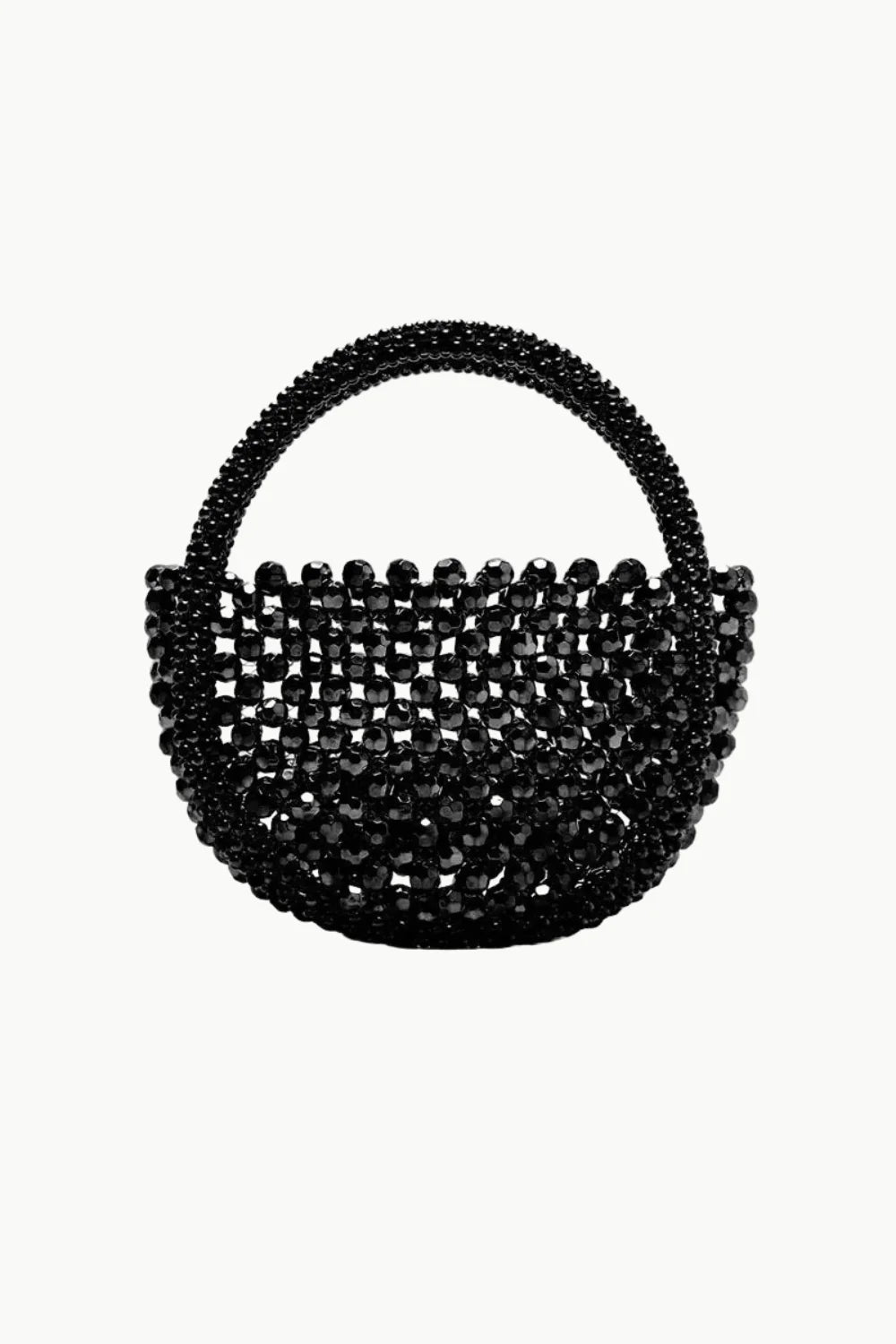 Gold beaded handbag with black beaded design and round handle for elegant style
