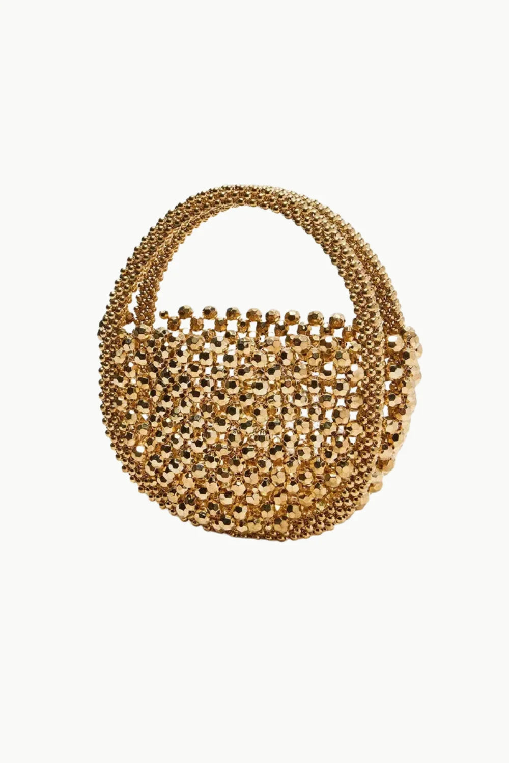 Gold beaded handbag with round shape and two top handles for elegant style