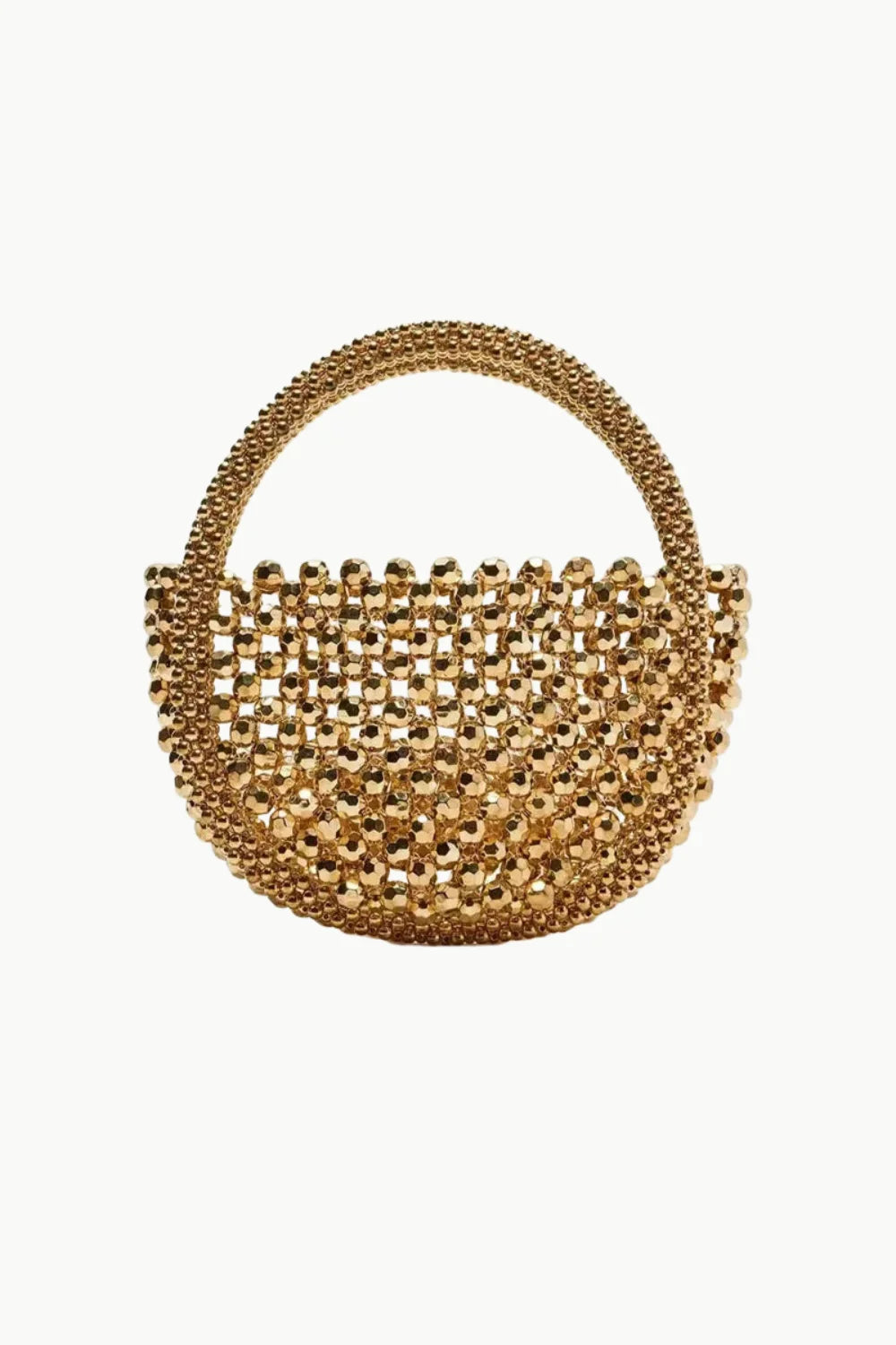 Gold beaded handbag with rounded handle, stylish gold beaded handbag accessory