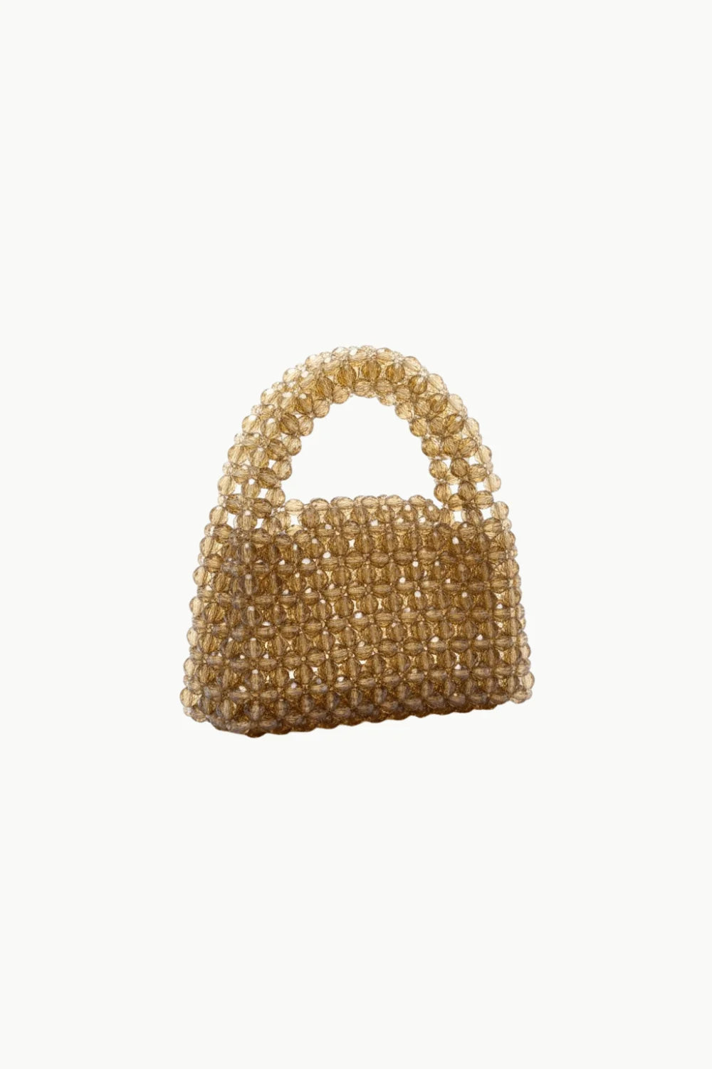 Gold beaded purse with rounded top handle, stylish gold beaded handbag accessory