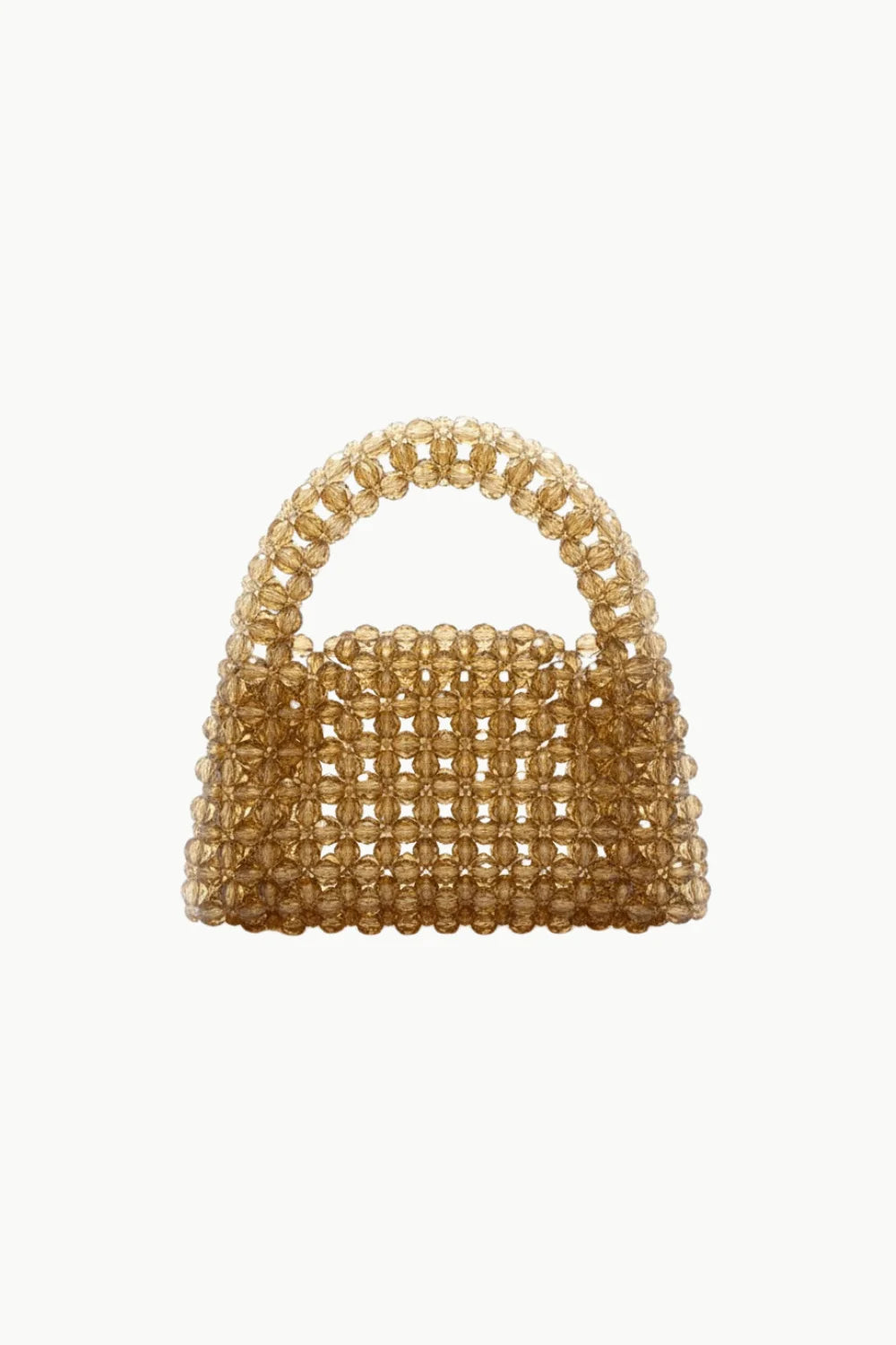 Gold beaded purse with rounded top handle, stylish gold beaded handbag accessory