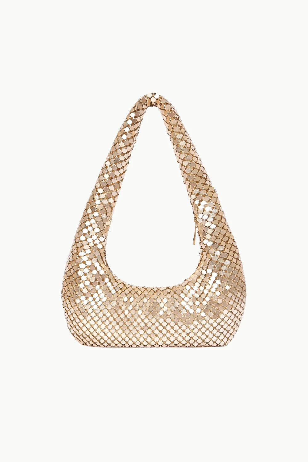 Shimmering gold beaded shoulder bag with crescent moon shape perfect for stylish outings