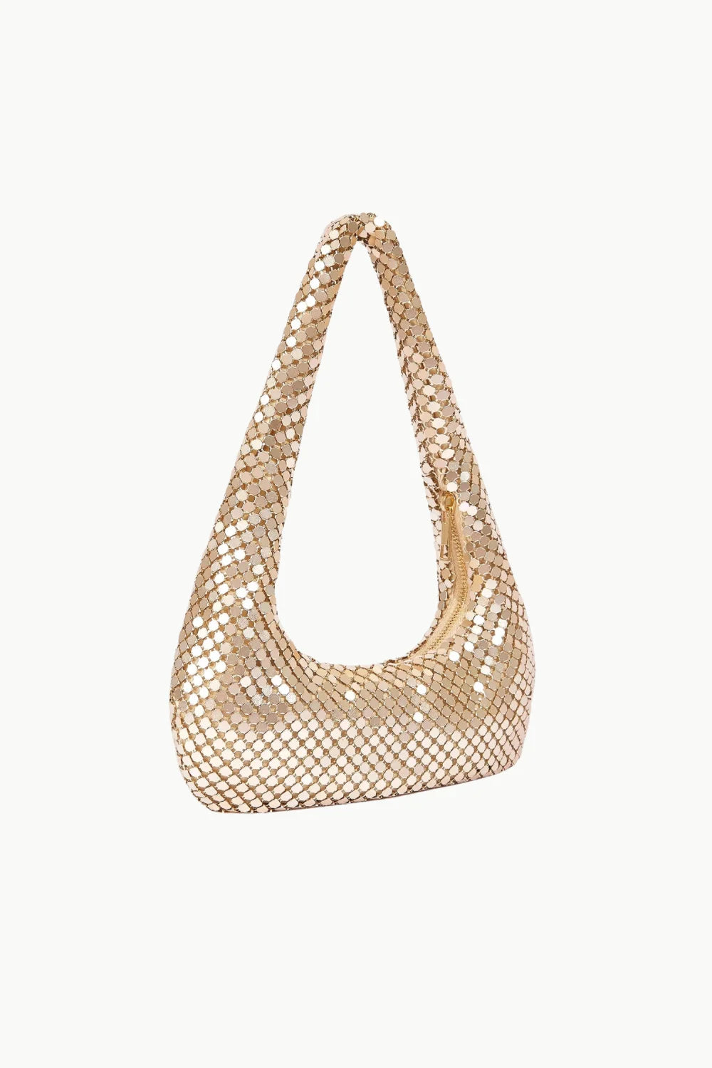 Gold beaded shoulder bag featuring metallic mesh design for a stylish look