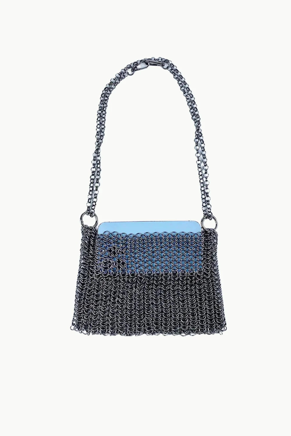 Chainmail shoulder bag with light blue top edge, stylish gold chain shoulder bag
