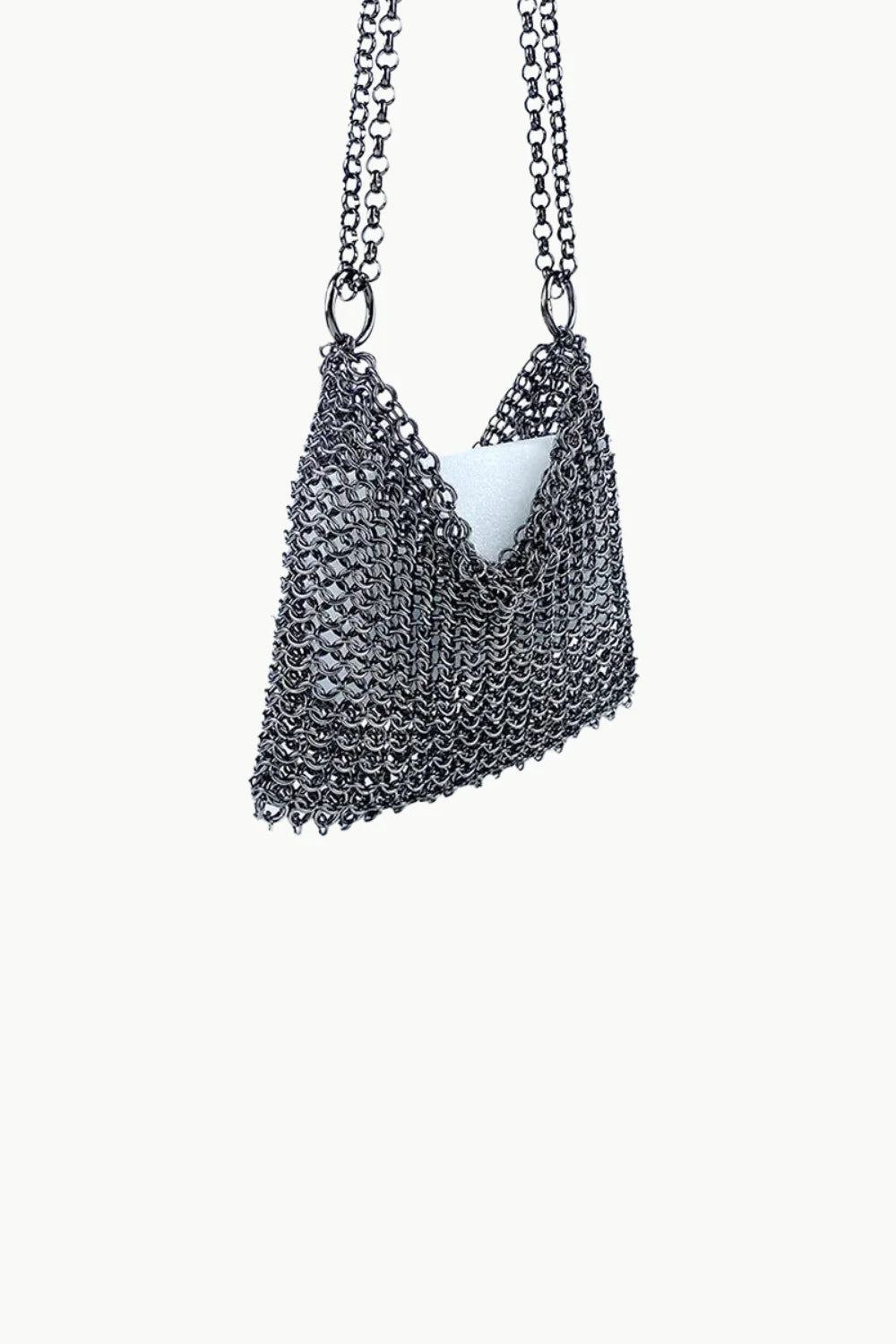 Dark gray chainmail-like shoulder bag with gold chain straps and white lining